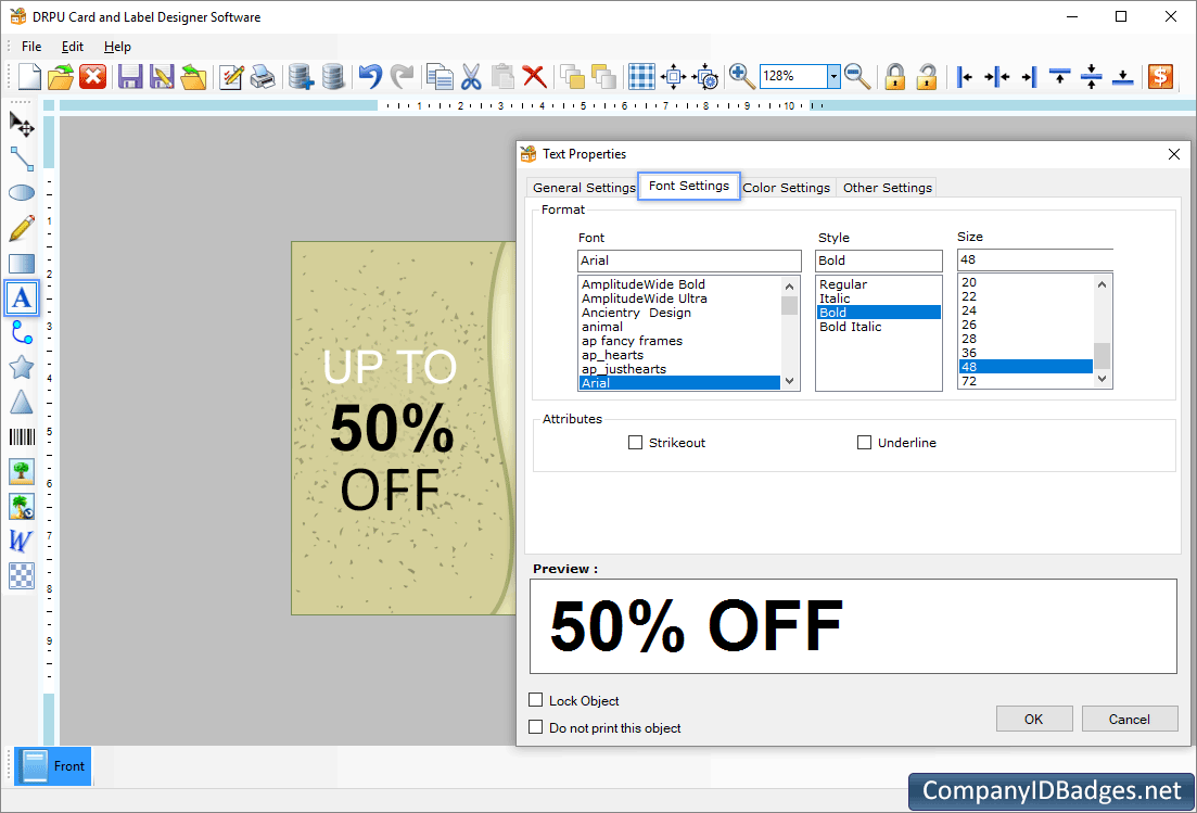 Card and Label Designer Font Settings